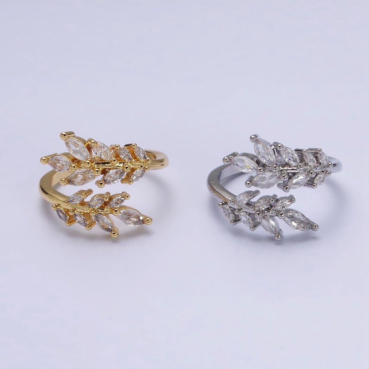 16K Gold Filled Clear Marquise CZ Leaf Nature Open Adjustable Ring in Gold & Silver | O-1577 O-1578