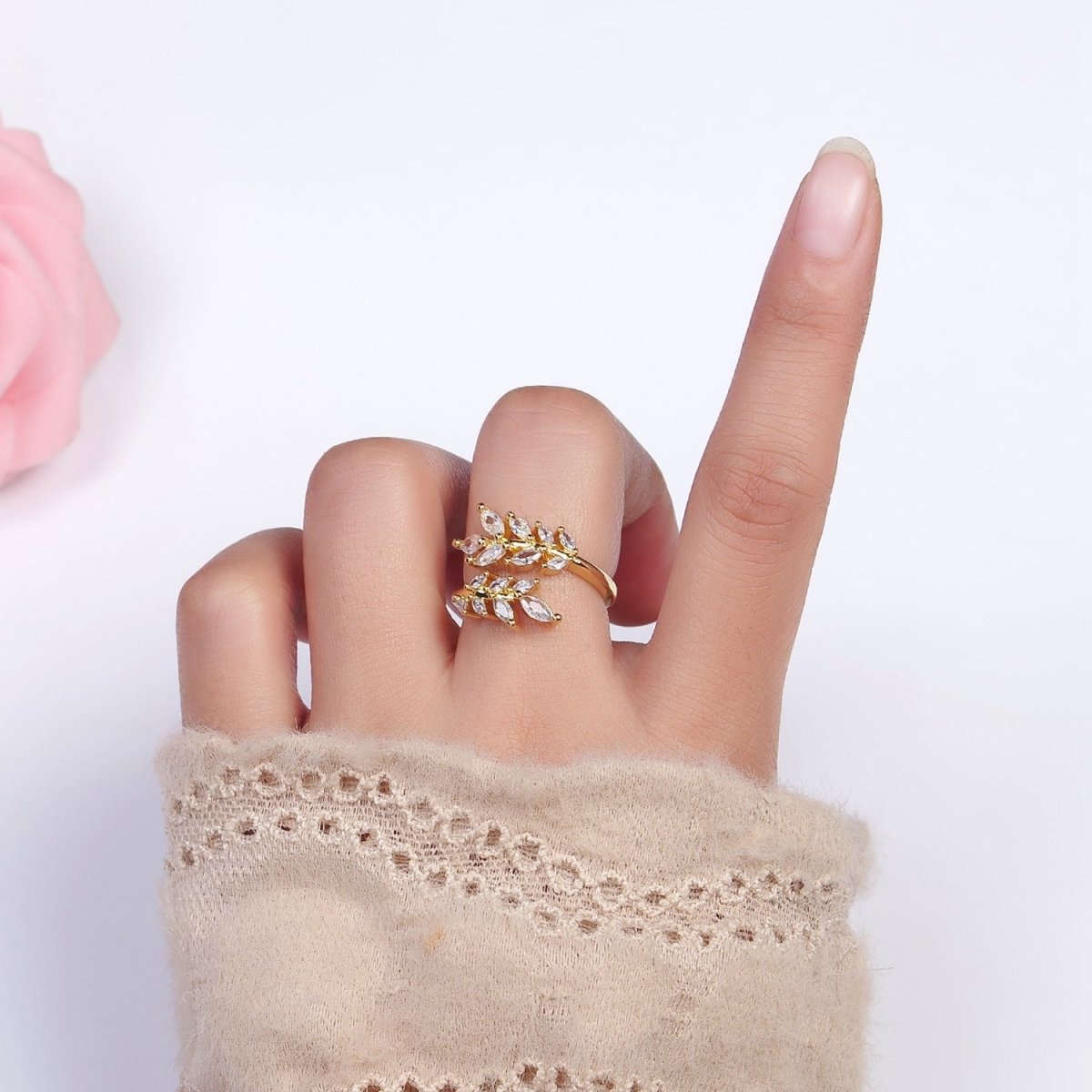 16K Gold Filled Clear Marquise CZ Leaf Nature Open Adjustable Ring in Gold & Silver | O-1577 O-1578