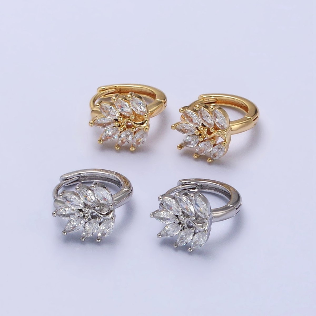 16K Gold Filled Clear Marquise Leaf Tree 13mm Cartilage Huggie Earrings in Silver & Gold | AB441 AB465
