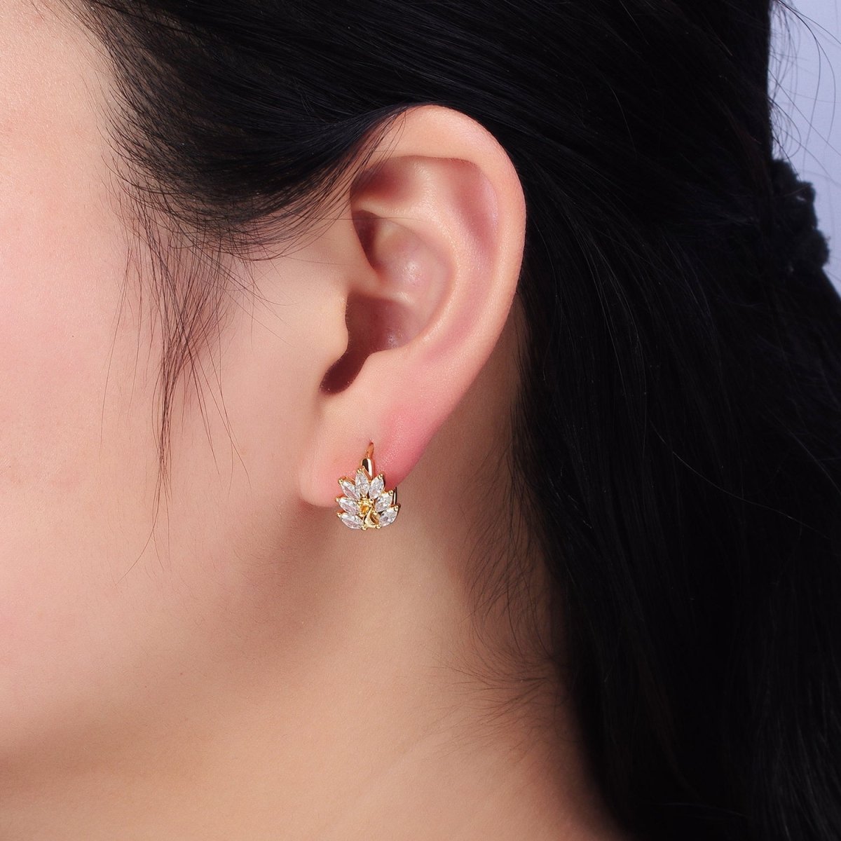 16K Gold Filled Clear Marquise Leaf Tree 13mm Cartilage Huggie Earrings in Silver & Gold | AB441 AB465