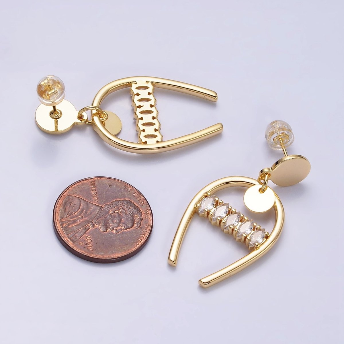 16K Gold Filled Clear Marquise Lined Horseshoe Round Stud Earrings in Gold & Silver | AD1134 AD1135