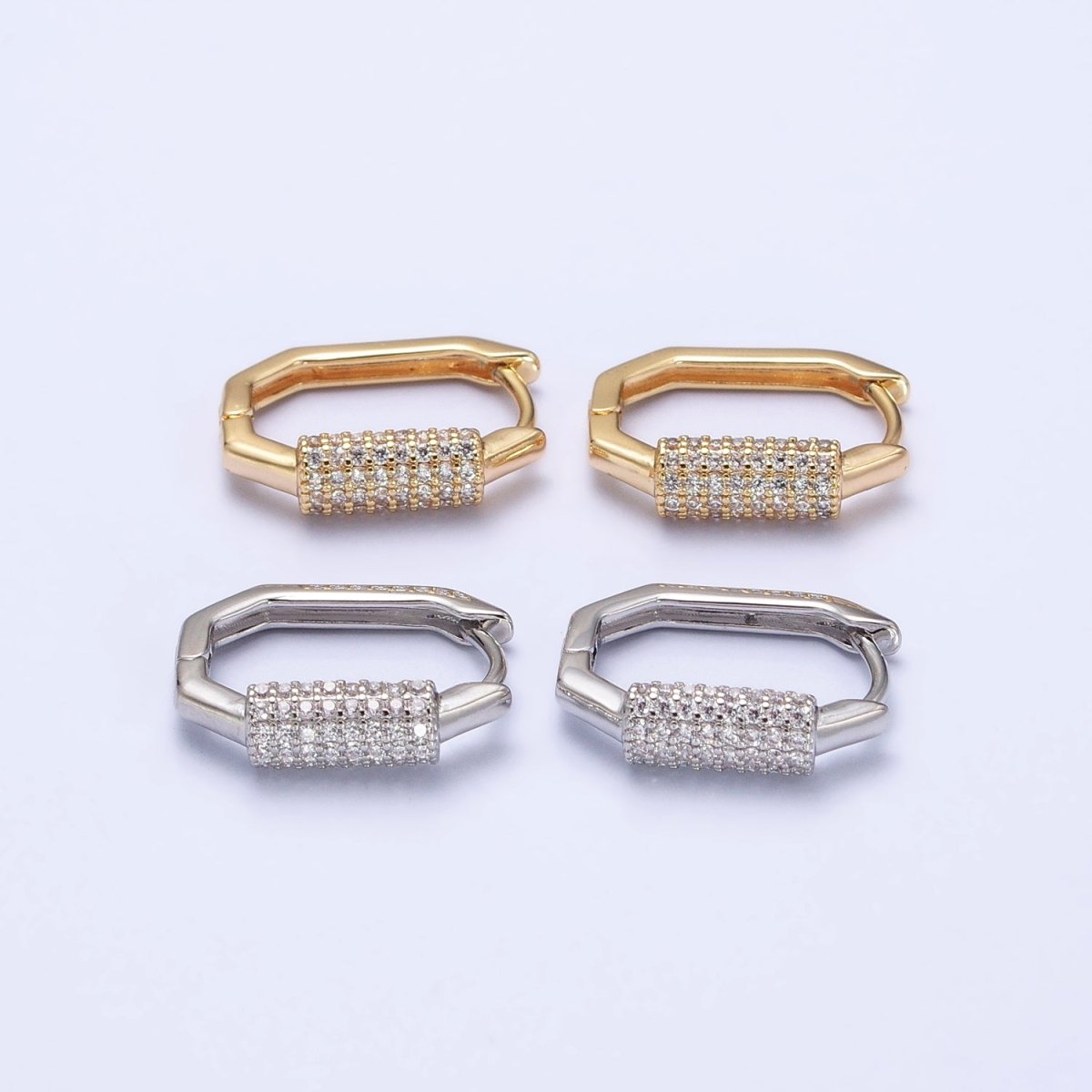 16K Gold Filled Clear Micro Paved CZ Cylinder Hexagonal Hoop Earrings in Gold & Silver | AB395 AB396