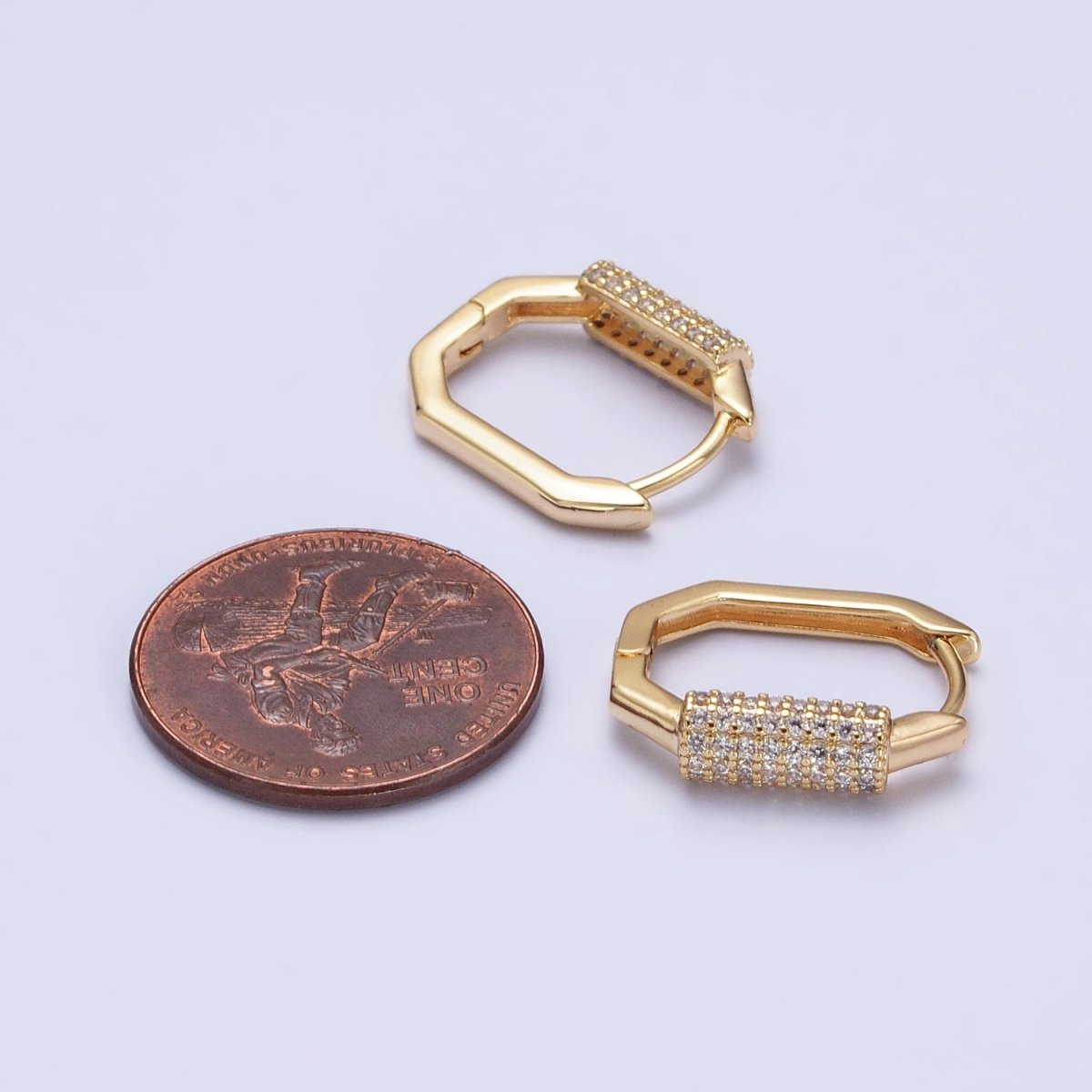 16K Gold Filled Clear Micro Paved CZ Cylinder Hexagonal Hoop Earrings in Gold & Silver | AB395 AB396