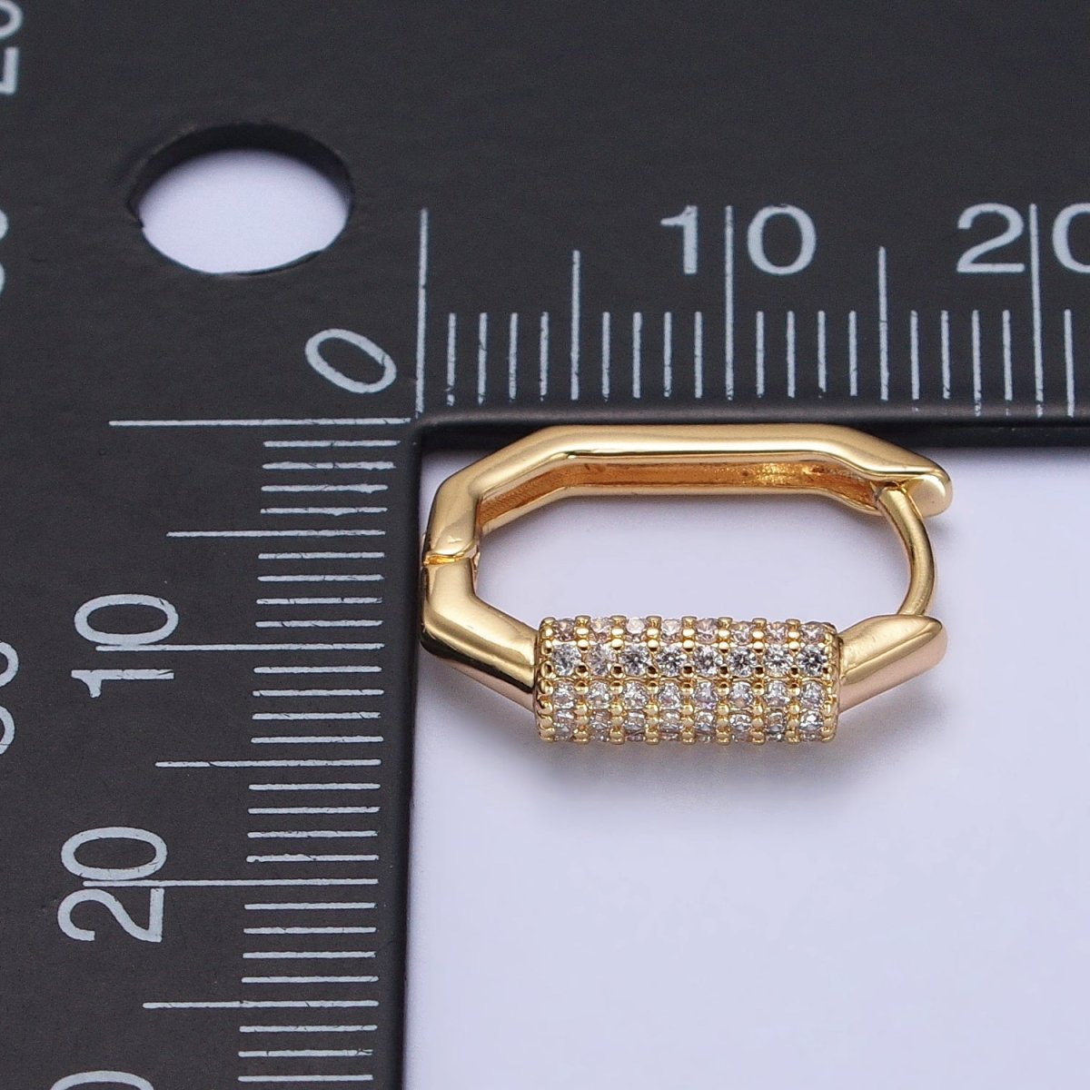 16K Gold Filled Clear Micro Paved CZ Cylinder Hexagonal Hoop Earrings in Gold & Silver | AB395 AB396