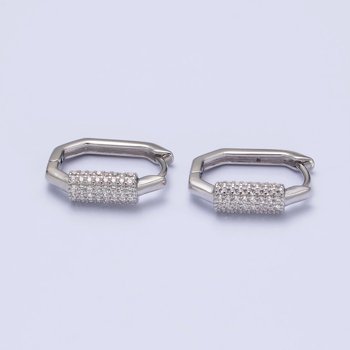 16K Gold Filled Clear Micro Paved CZ Cylinder Hexagonal Hoop Earrings in Gold & Silver | AB395 AB396