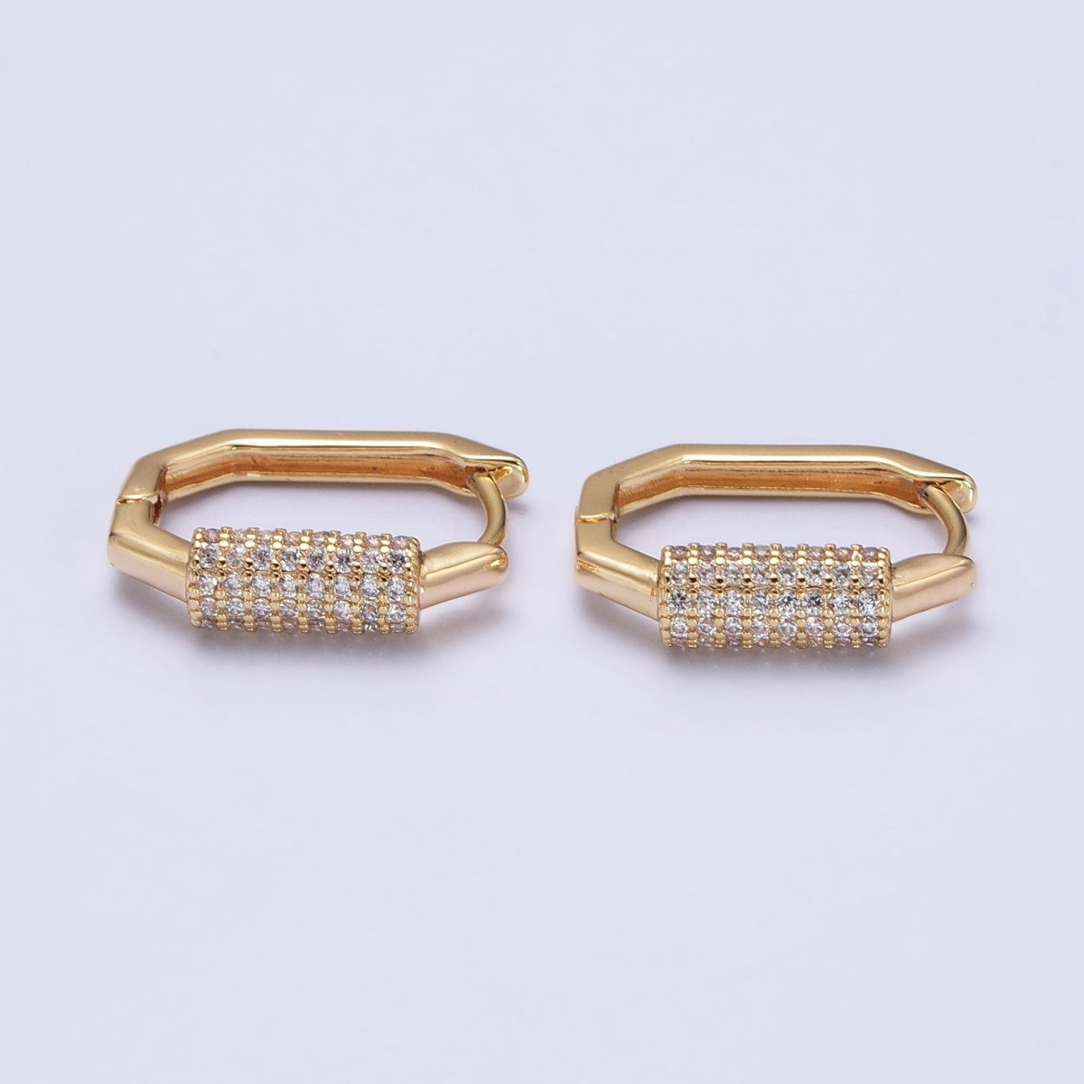 16K Gold Filled Clear Micro Paved CZ Cylinder Hexagonal Hoop Earrings in Gold & Silver | AB395 AB396
