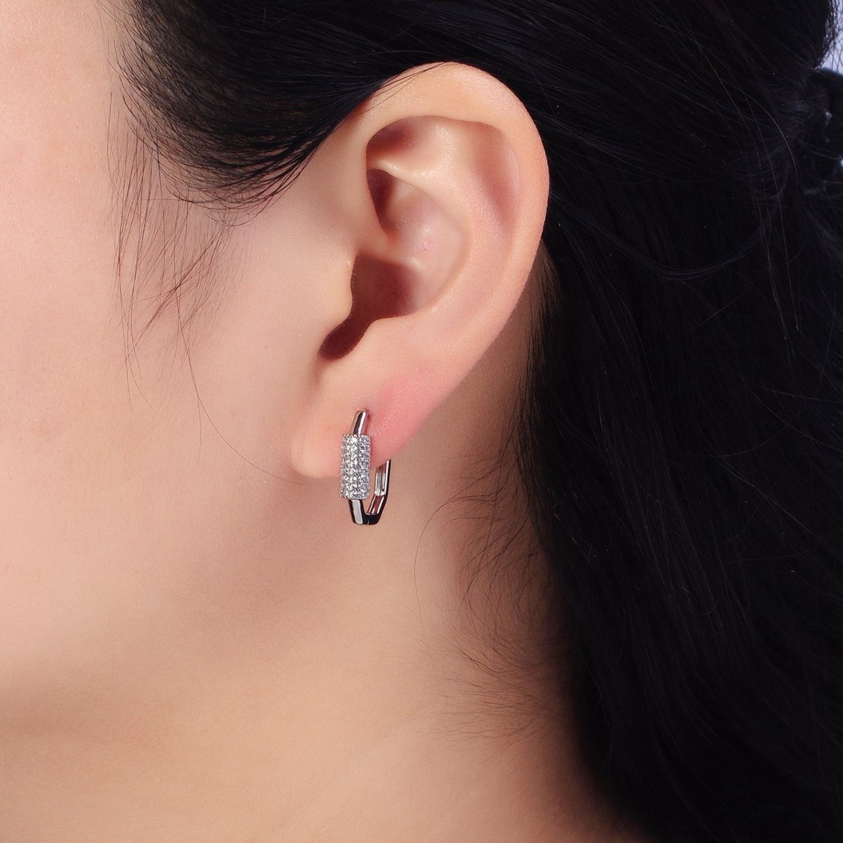 16K Gold Filled Clear Micro Paved CZ Cylinder Hexagonal Hoop Earrings in Gold & Silver | AB395 AB396