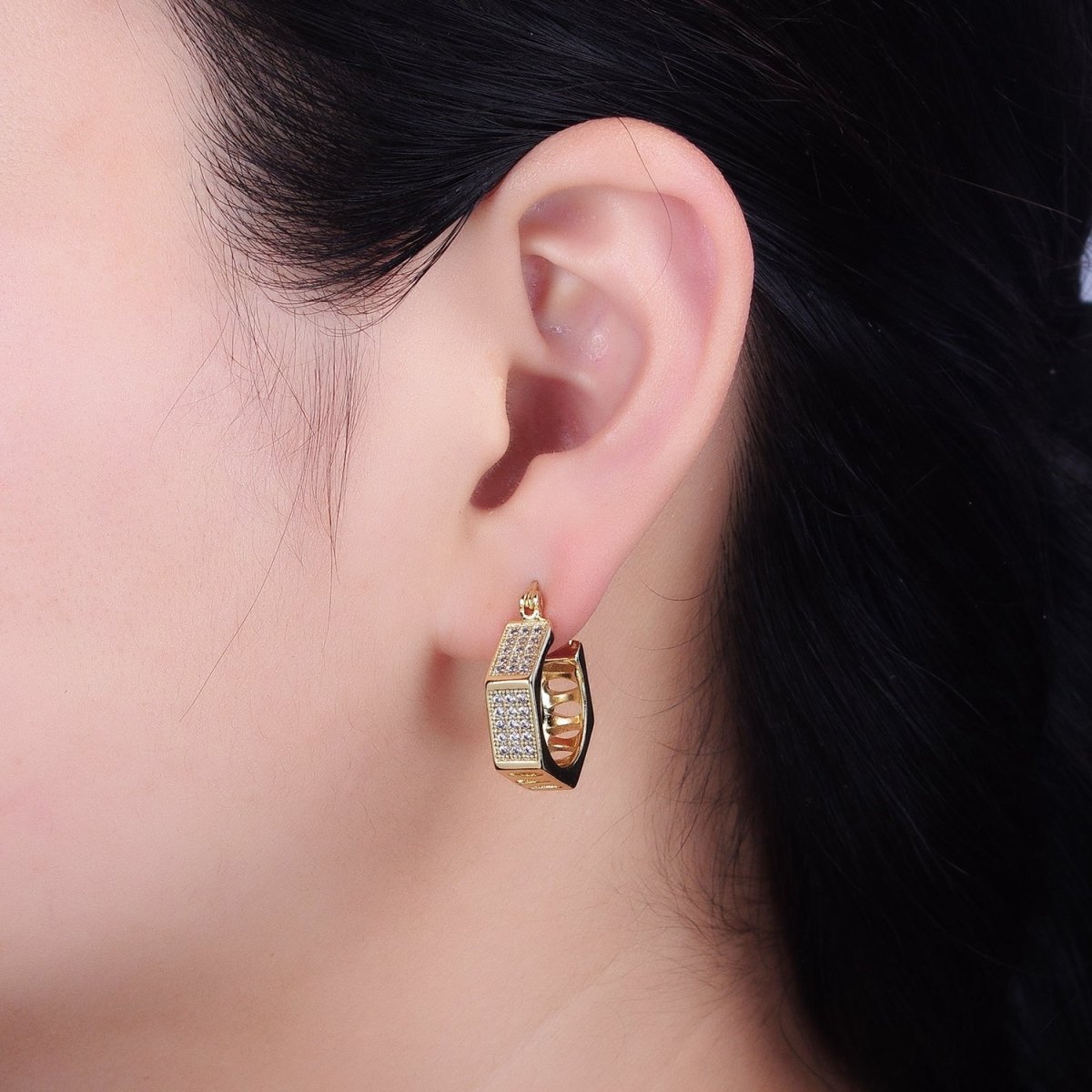 16K Gold Filled Clear Micro Paved CZ Hexagonal French Lock Latch Earrings | AB1530 - DLUXCA