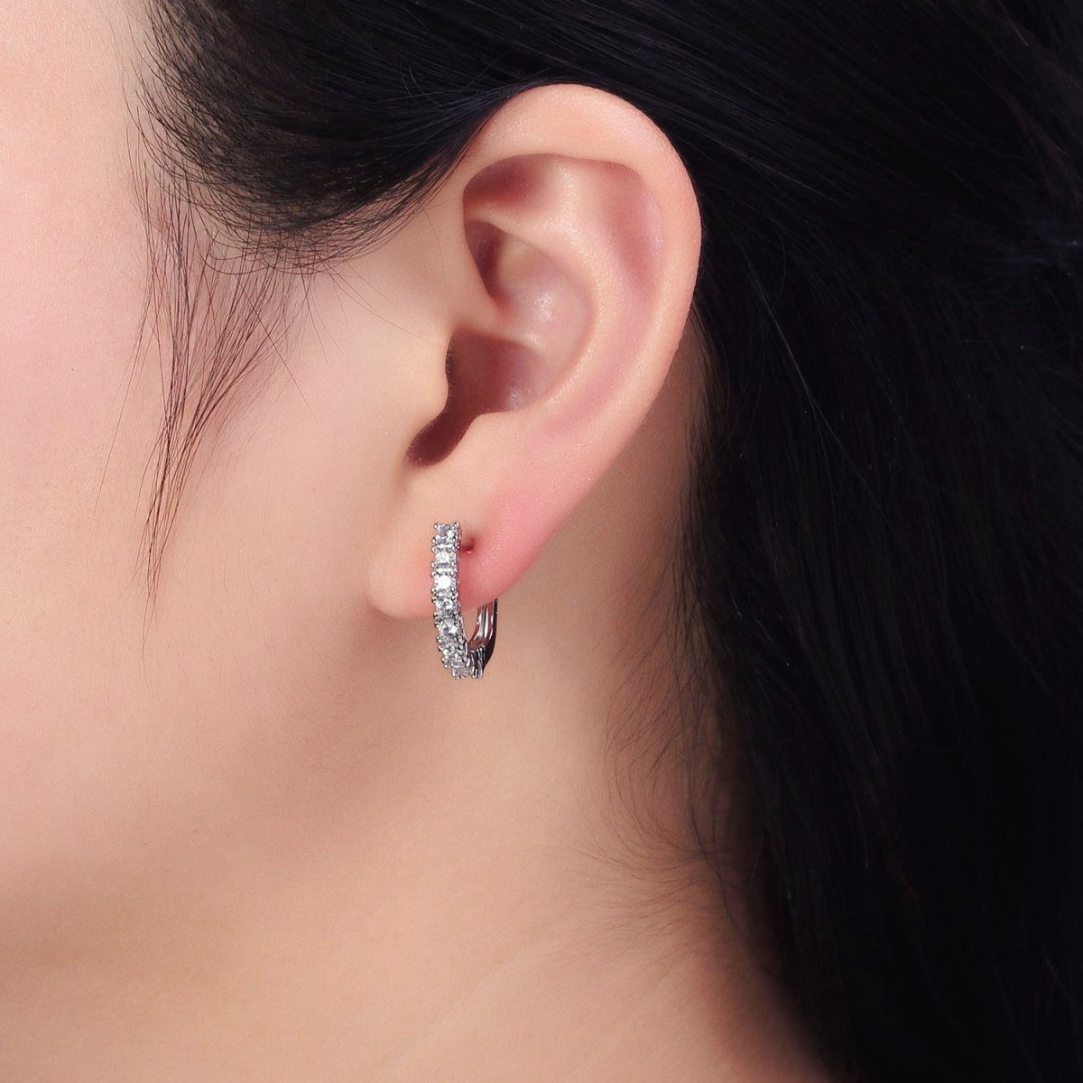 16K Gold Filled Clear Micro Paved CZ Lined 19mm Oblong English Lock Earrings in Gold & Silver | AB912 AB450