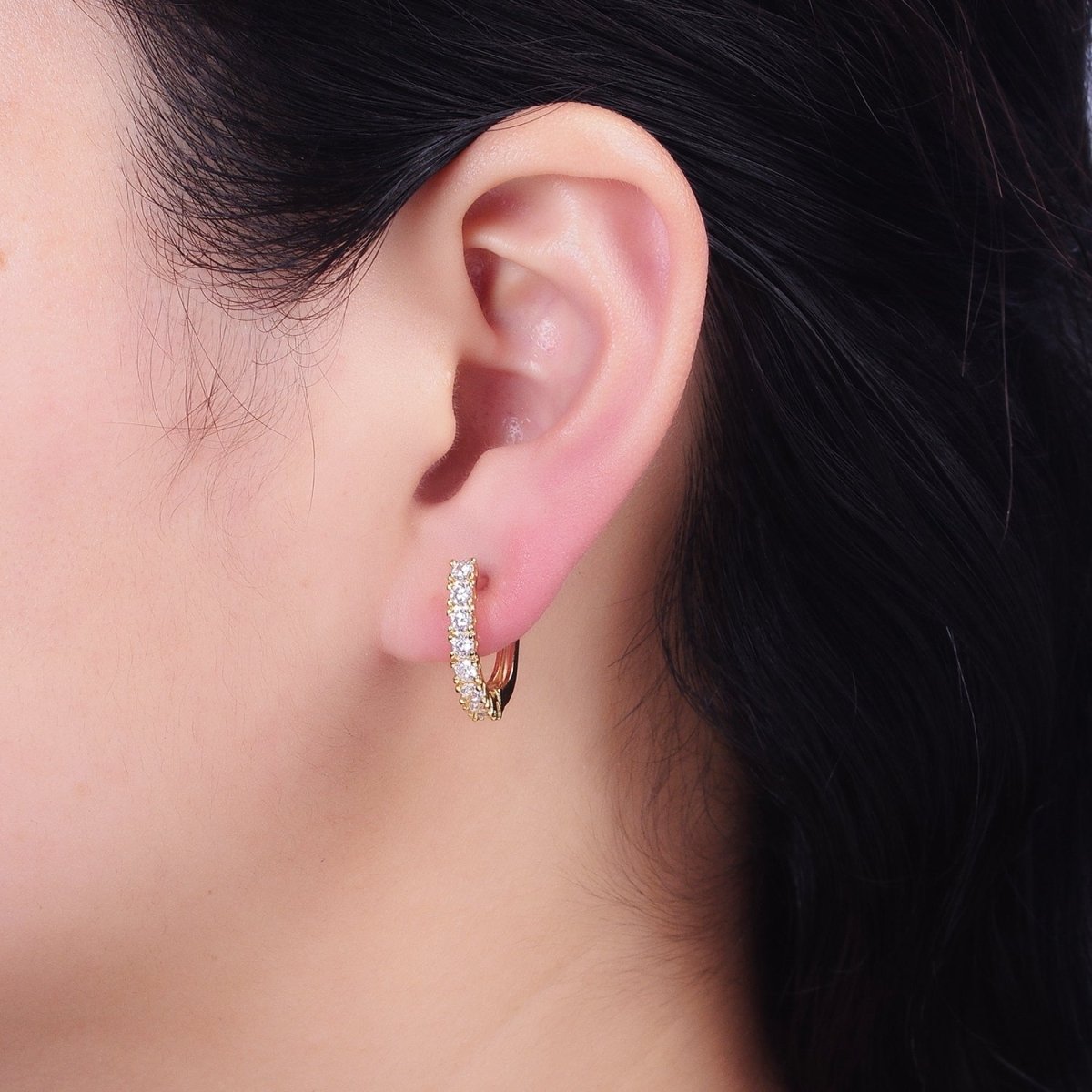 16K Gold Filled Clear Micro Paved CZ Lined 19mm Oblong English Lock Earrings in Gold & Silver | AB912 AB450