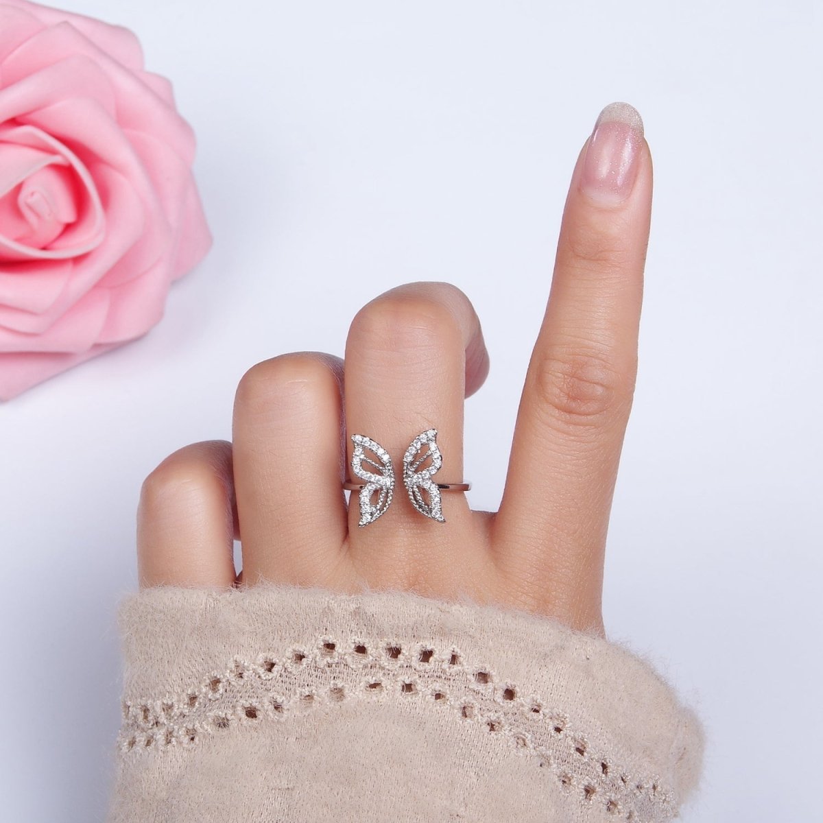 16K Gold Filled Clear Micro Paved CZ Open Butterfly Ring in Gold & Silver | R044 O581