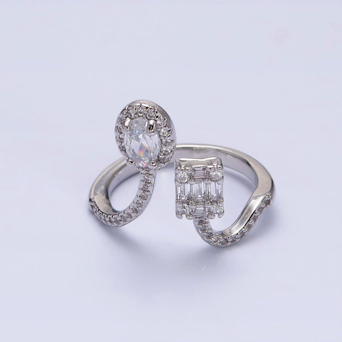 16K Gold Filled Clear Oval Square Baguette Micro Paved CZ Open Ring in Gold & Silver | O-554 O-555