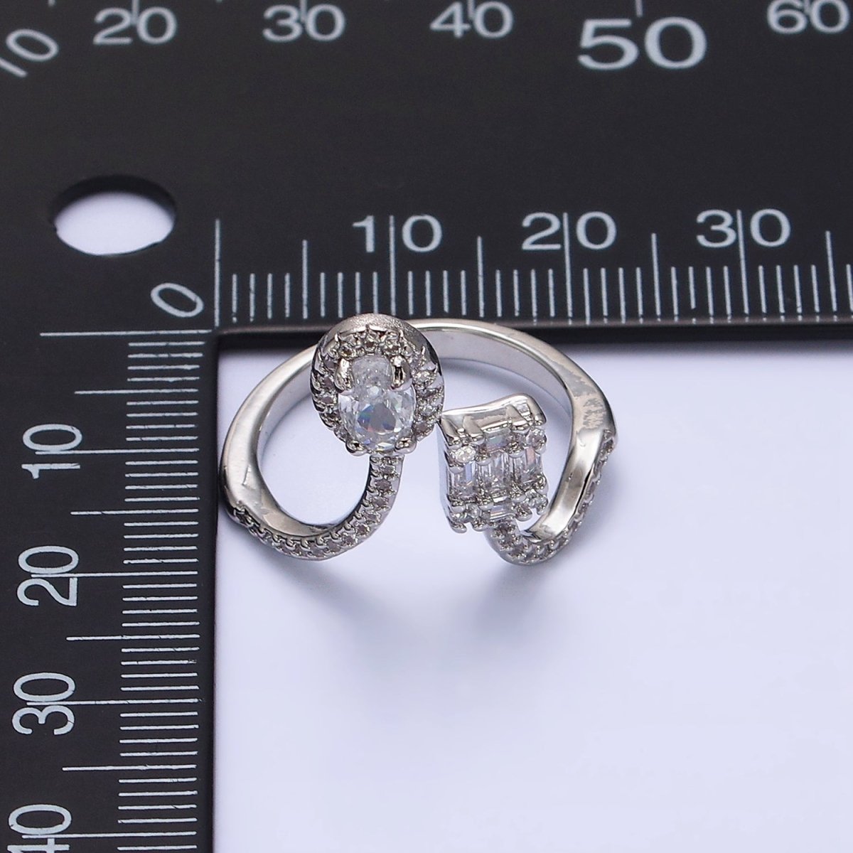 16K Gold Filled Clear Oval Square Baguette Micro Paved CZ Open Ring in Gold & Silver | O-554 O-555