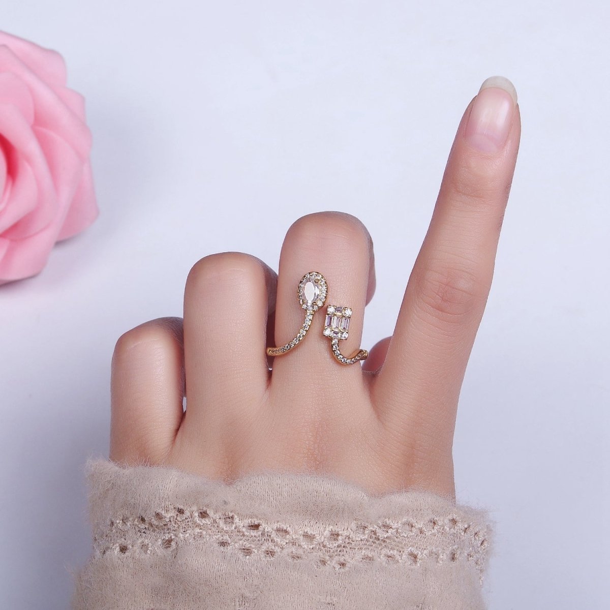 16K Gold Filled Clear Oval Square Baguette Micro Paved CZ Open Ring in Gold & Silver | O-554 O-555