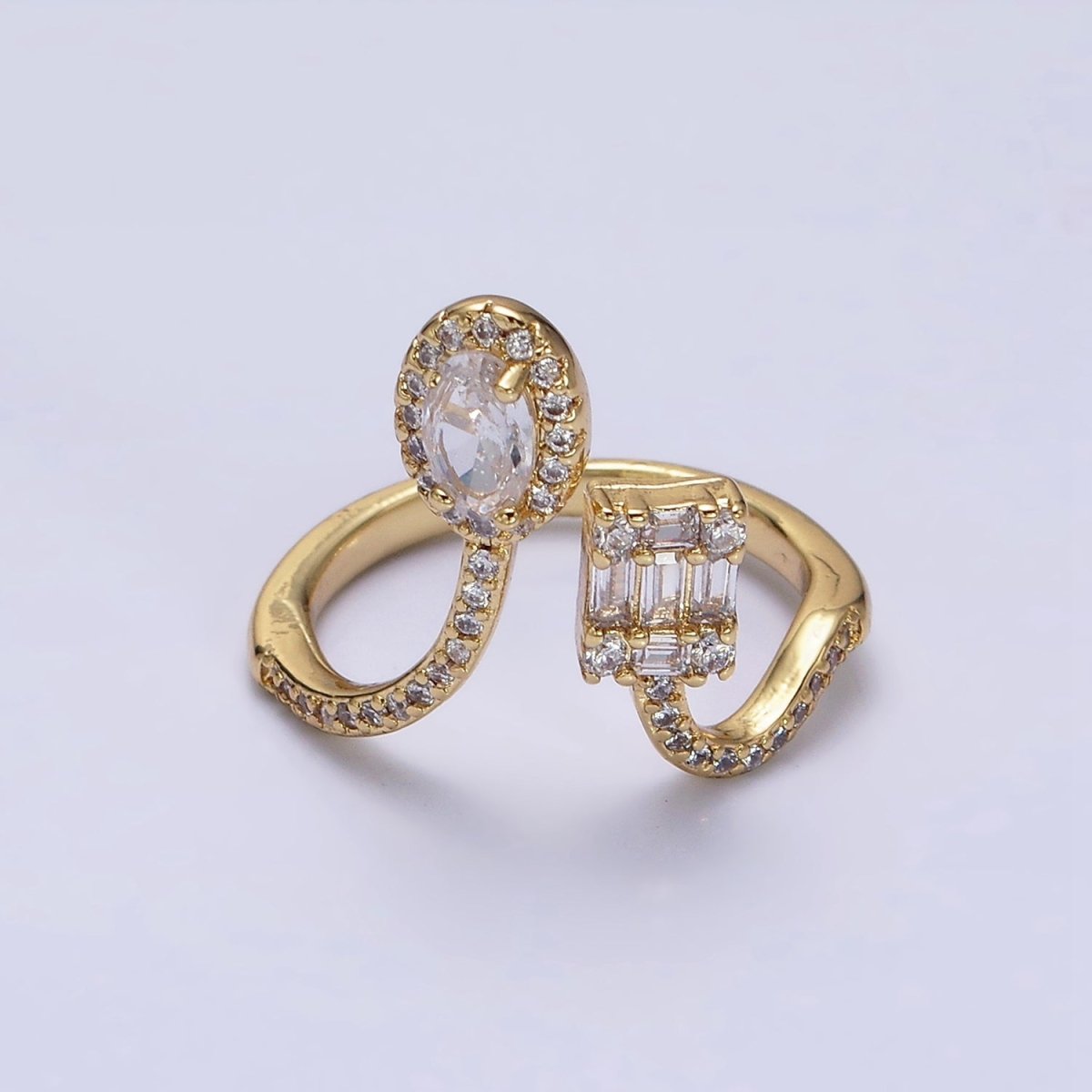 16K Gold Filled Clear Oval Square Baguette Micro Paved CZ Open Ring in Gold & Silver | O-554 O-555