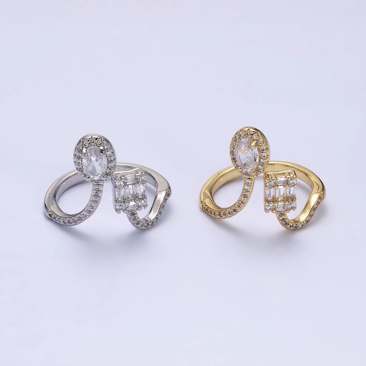 16K Gold Filled Clear Oval Square Baguette Micro Paved CZ Open Ring in Gold & Silver | O-554 O-555