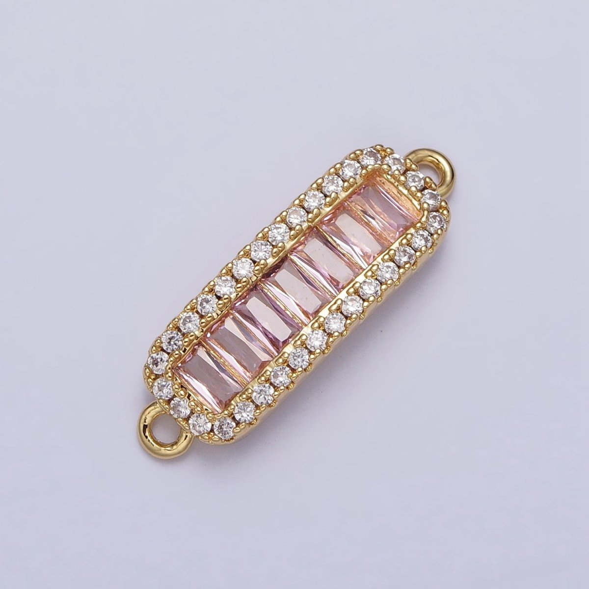16K Gold Filled Clear, Pink CZ Baguette Lined Micro Paved Bar Connector | Y-905