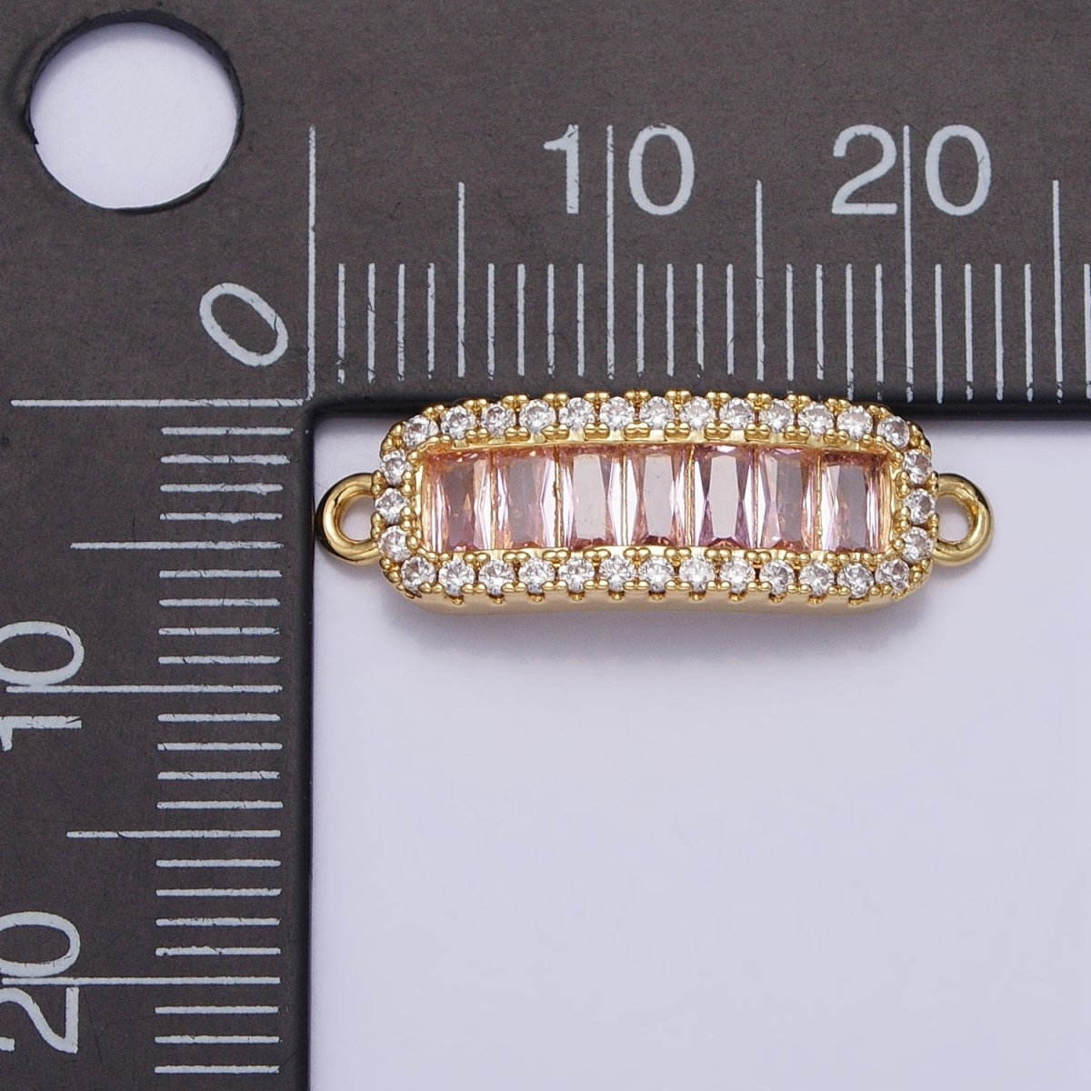 16K Gold Filled Clear, Pink CZ Baguette Lined Micro Paved Bar Connector | Y-905