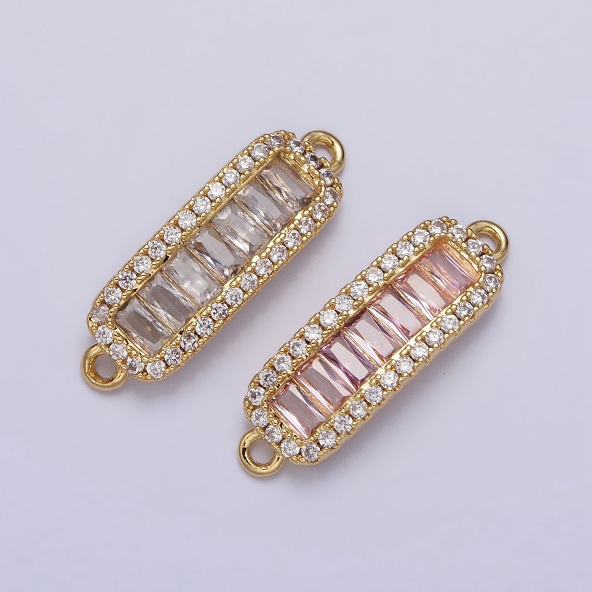 16K Gold Filled Clear, Pink CZ Baguette Lined Micro Paved Bar Connector | Y-905