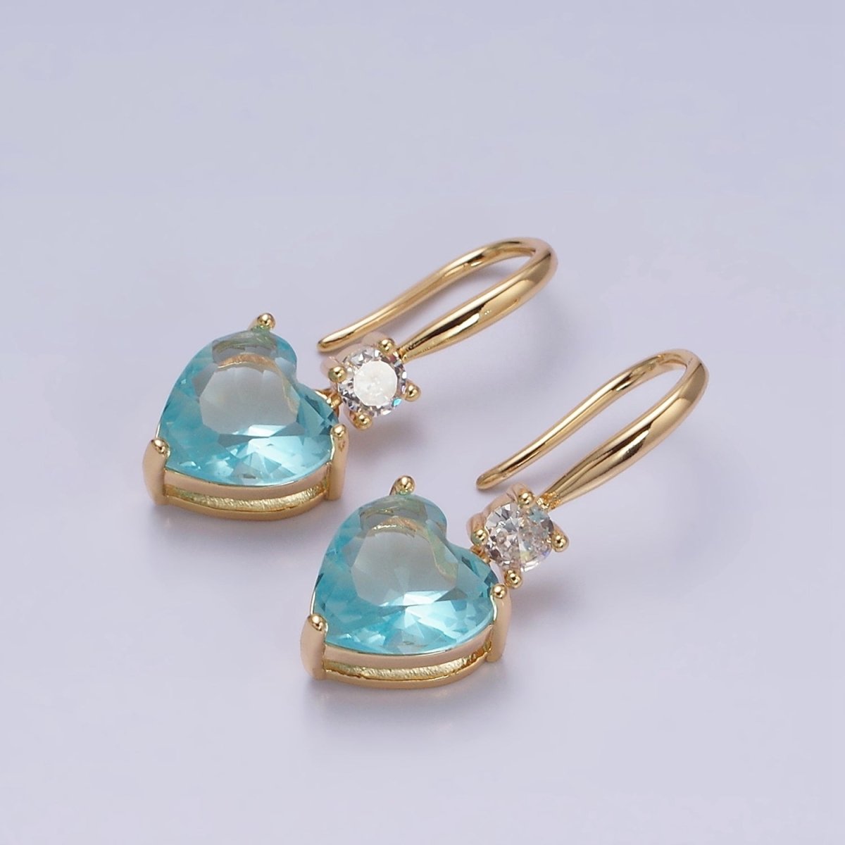 16K Gold Filled Clear, Red, Pink, Green, Blue Heart CZ French Hook Earrings in Gold & Silver | AD1213 - AD1222