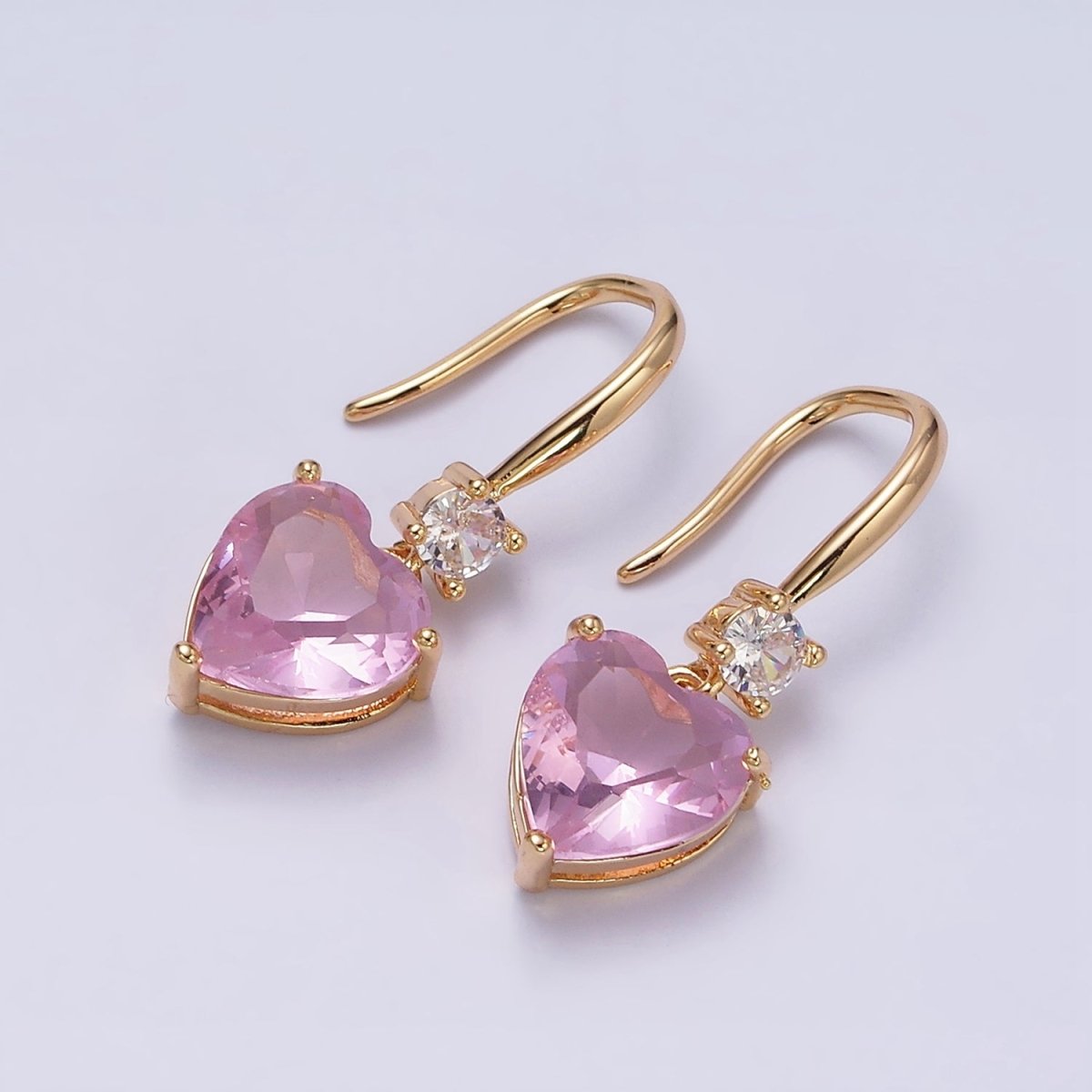 16K Gold Filled Clear, Red, Pink, Green, Blue Heart CZ French Hook Earrings in Gold & Silver | AD1213 - AD1222