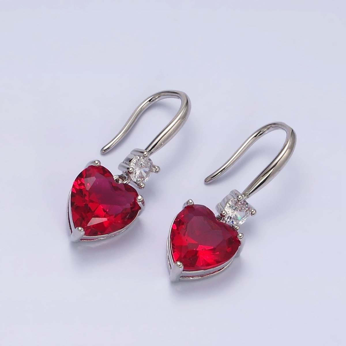 16K Gold Filled Clear, Red, Pink, Green, Blue Heart CZ French Hook Earrings in Gold & Silver | AD1213 - AD1222