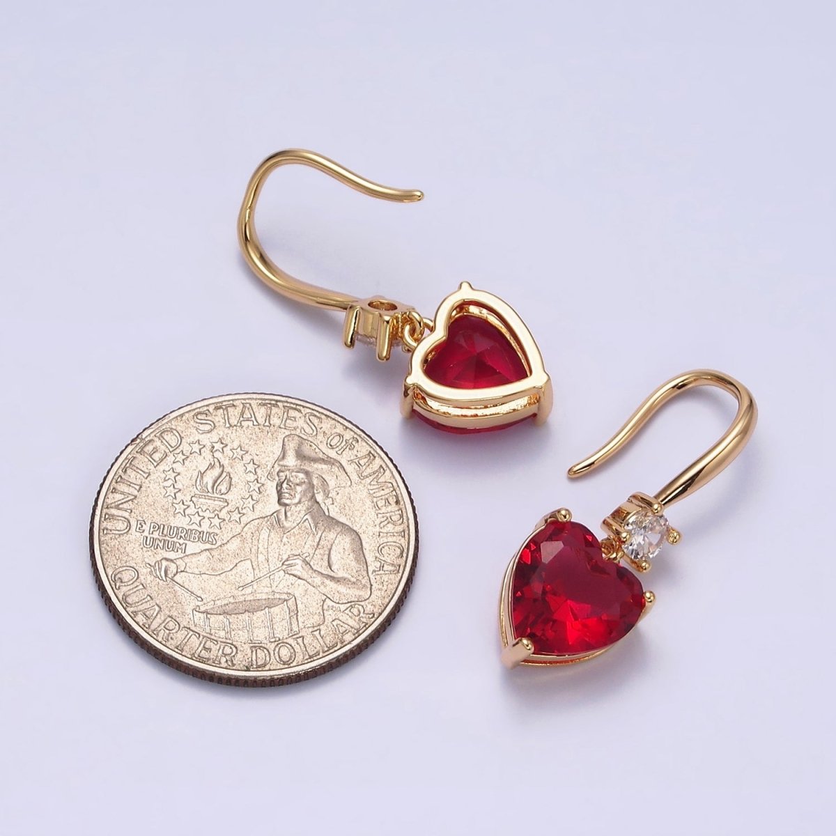 16K Gold Filled Clear, Red, Pink, Green, Blue Heart CZ French Hook Earrings in Gold & Silver | AD1213 - AD1222