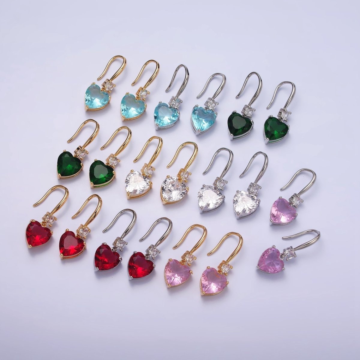 16K Gold Filled Clear, Red, Pink, Green, Blue Heart CZ French Hook Earrings in Gold & Silver | AD1213 - AD1222