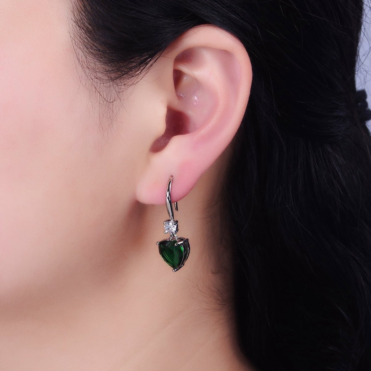 16K Gold Filled Clear, Red, Pink, Green, Blue Heart CZ French Hook Earrings in Gold & Silver | AD1213 - AD1222