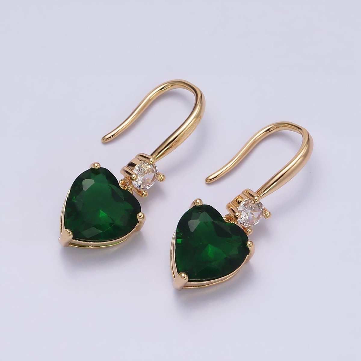 16K Gold Filled Clear, Red, Pink, Green, Blue Heart CZ French Hook Earrings in Gold & Silver | AD1213 - AD1222
