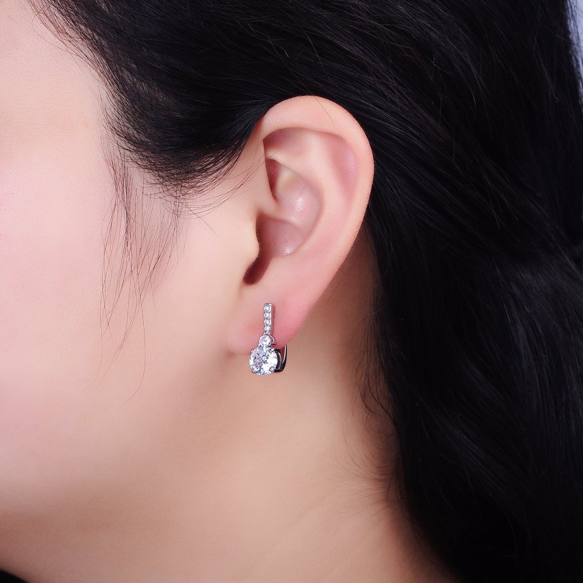 16K Gold Filled Clear Round CZ Micro Paved English Lock Earrings in Silver & Gold | AB653 - DLUXCA