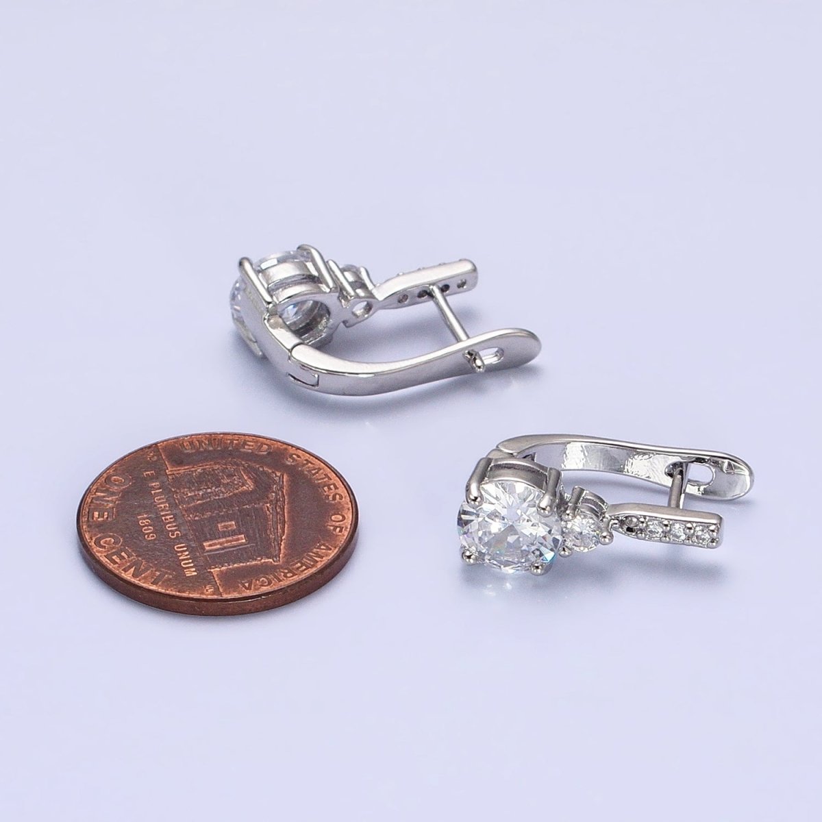 16K Gold Filled Clear Round CZ Micro Paved English Lock Earrings in Silver & Gold | AB653 - DLUXCA