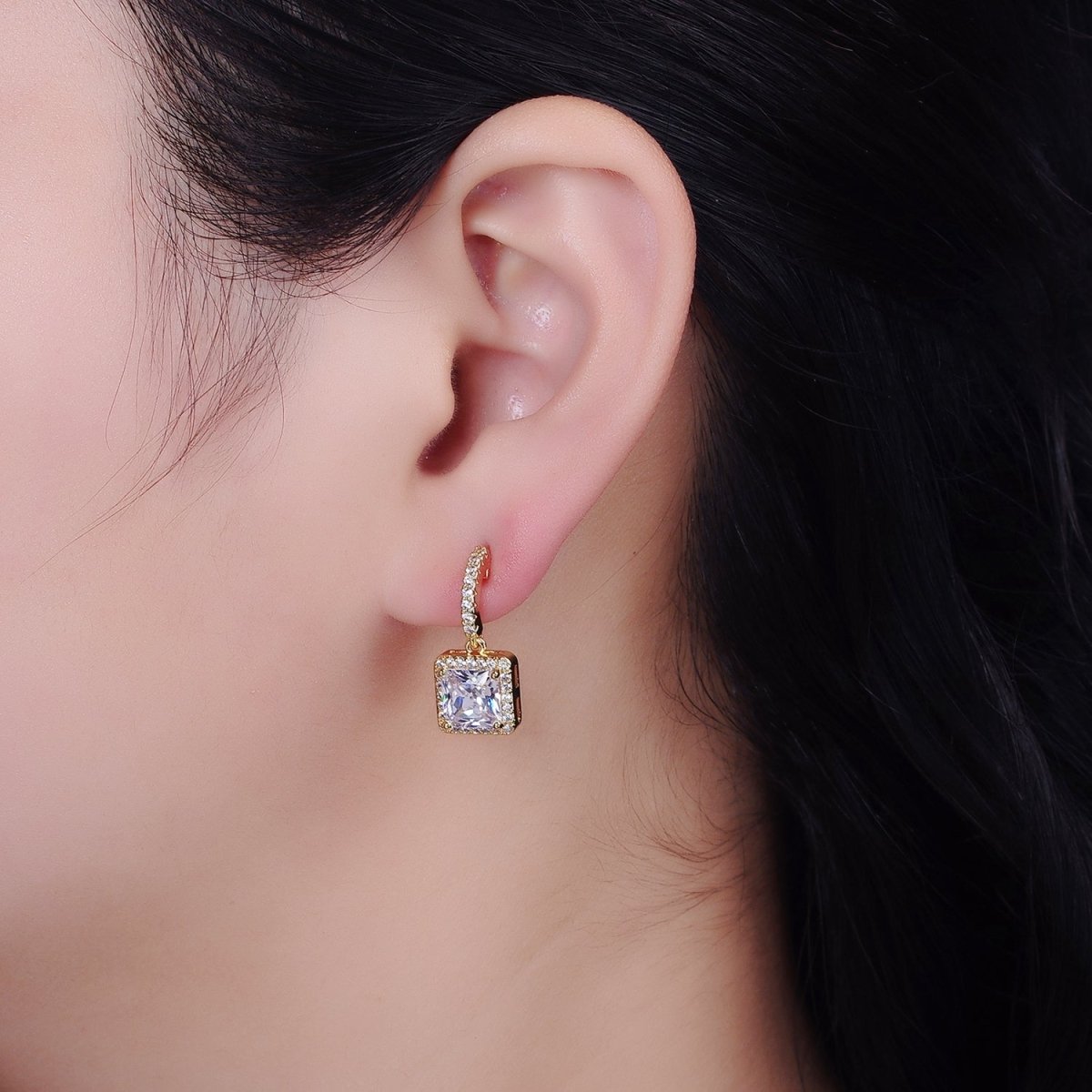 16K Gold Filled Clear Square CZ C-Shaped Hoop Earrings in Gold & Silver | AD1257 AD1258