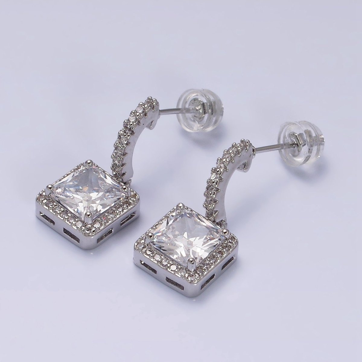 16K Gold Filled Clear Square CZ C-Shaped Hoop Earrings in Gold & Silver | AD1257 AD1258