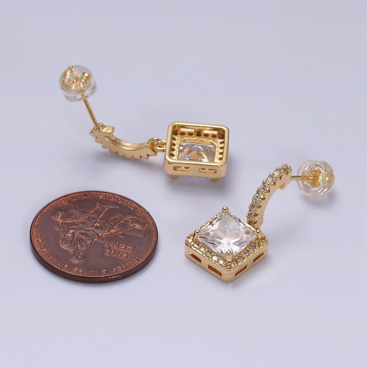 16K Gold Filled Clear Square CZ C-Shaped Hoop Earrings in Gold & Silver | AD1257 AD1258