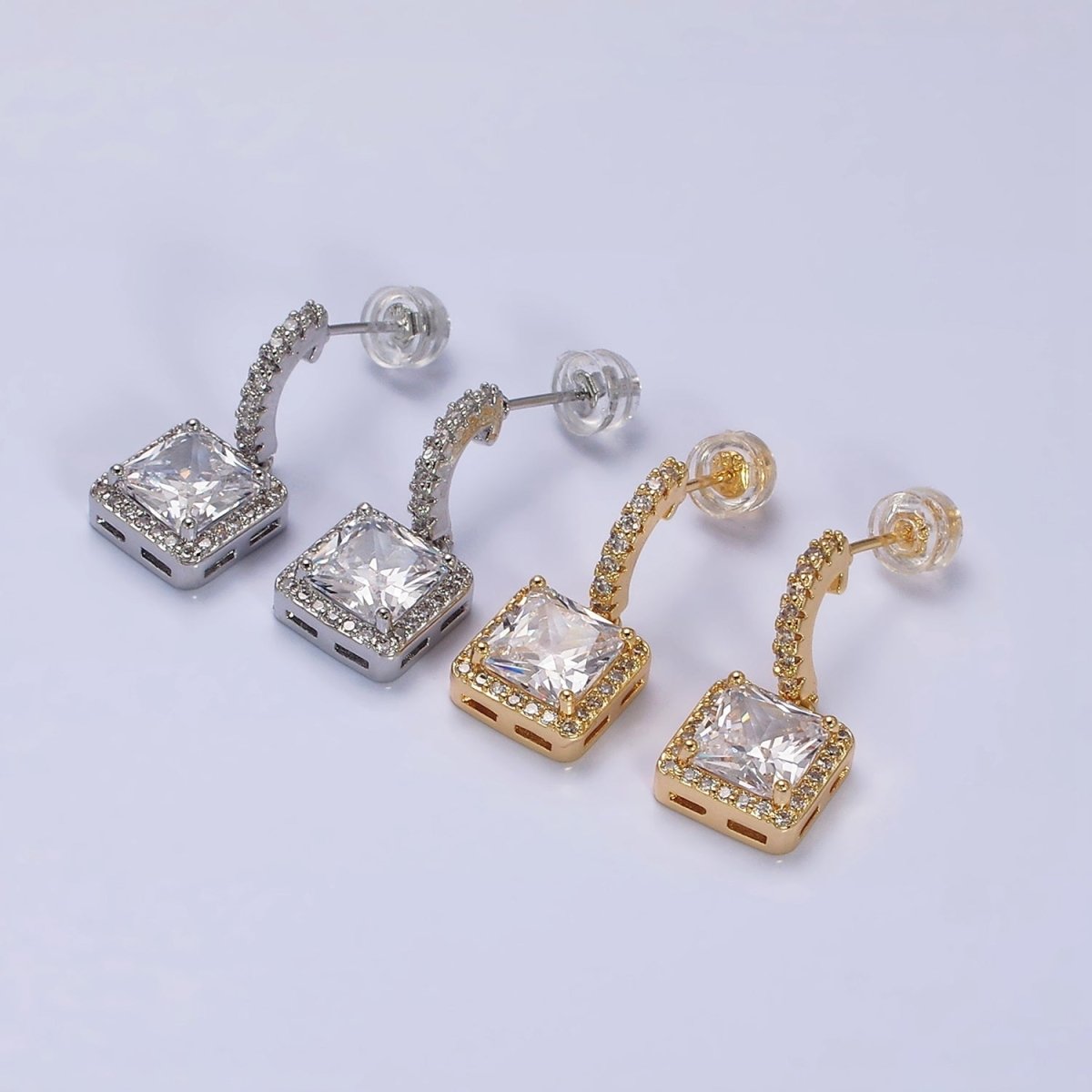 16K Gold Filled Clear Square CZ C-Shaped Hoop Earrings in Gold & Silver | AD1257 AD1258