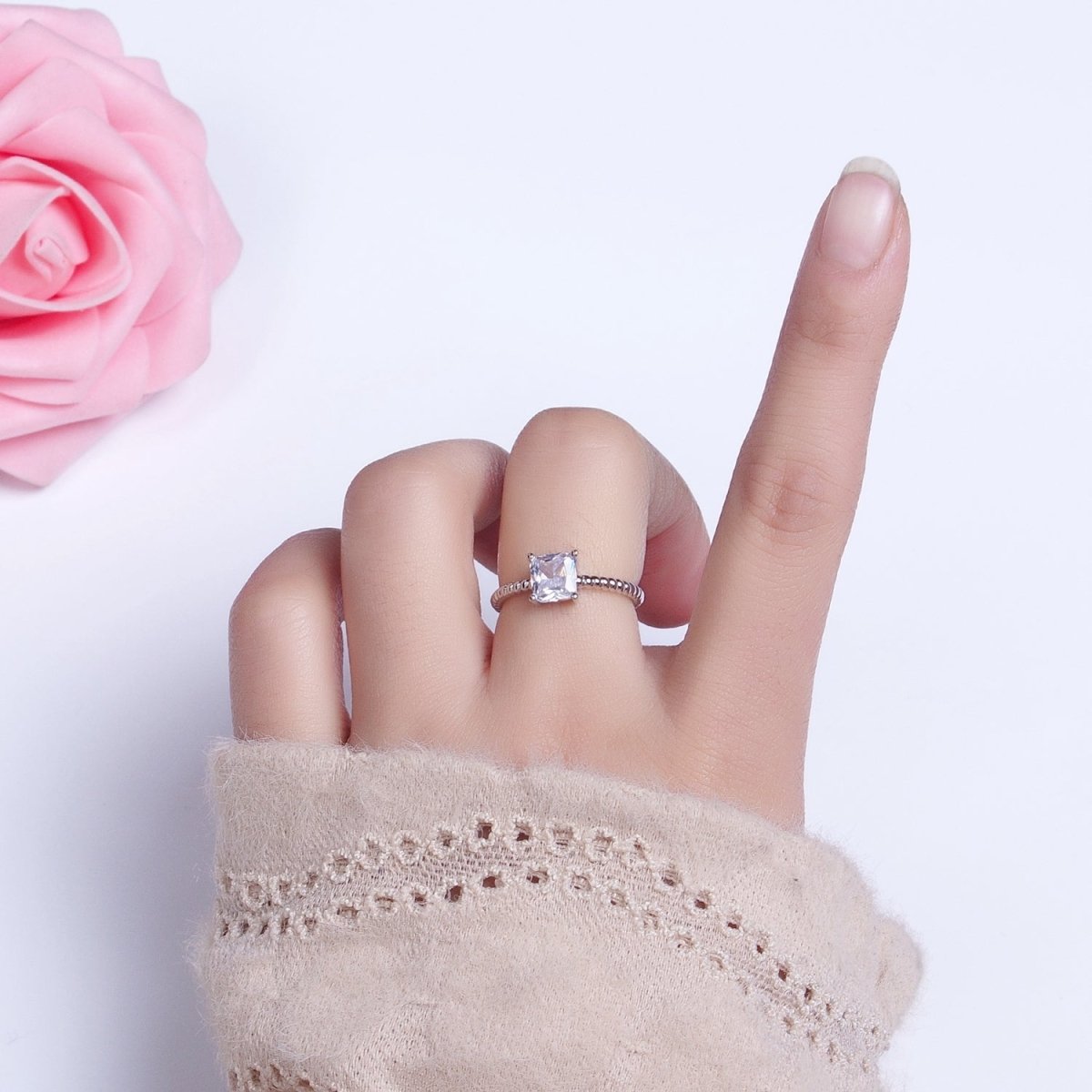 16K Gold Filled Clear Square CZ Croissant Twist Adjustable Ring in Gold & Silver | O1968 O1969