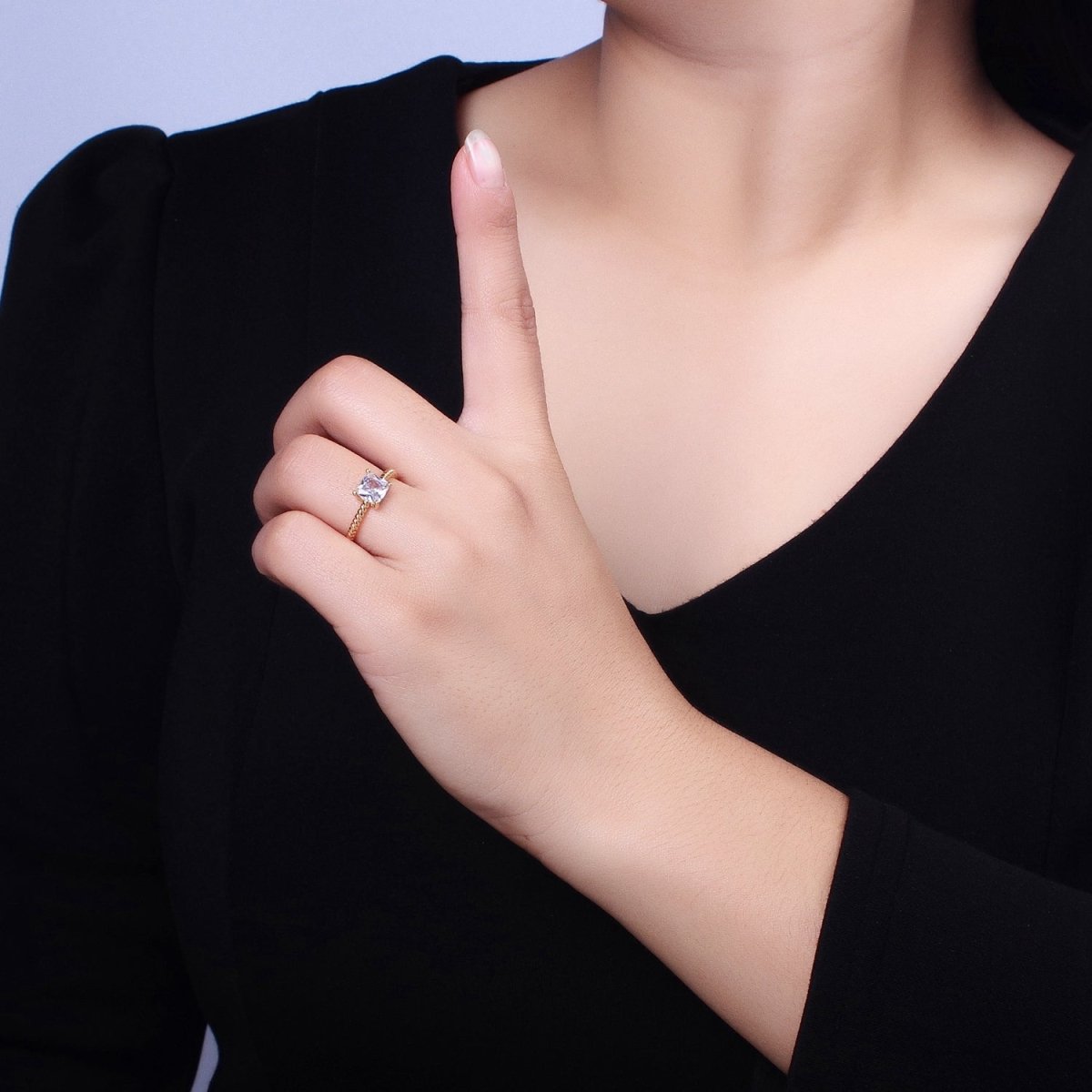 16K Gold Filled Clear Square CZ Croissant Twist Adjustable Ring in Gold & Silver | O1968 O1969