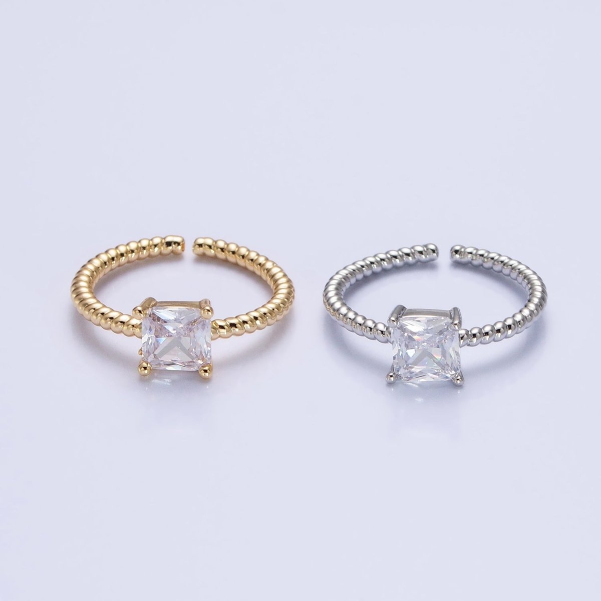 16K Gold Filled Clear Square CZ Croissant Twist Adjustable Ring in Gold & Silver | O1968 O1969