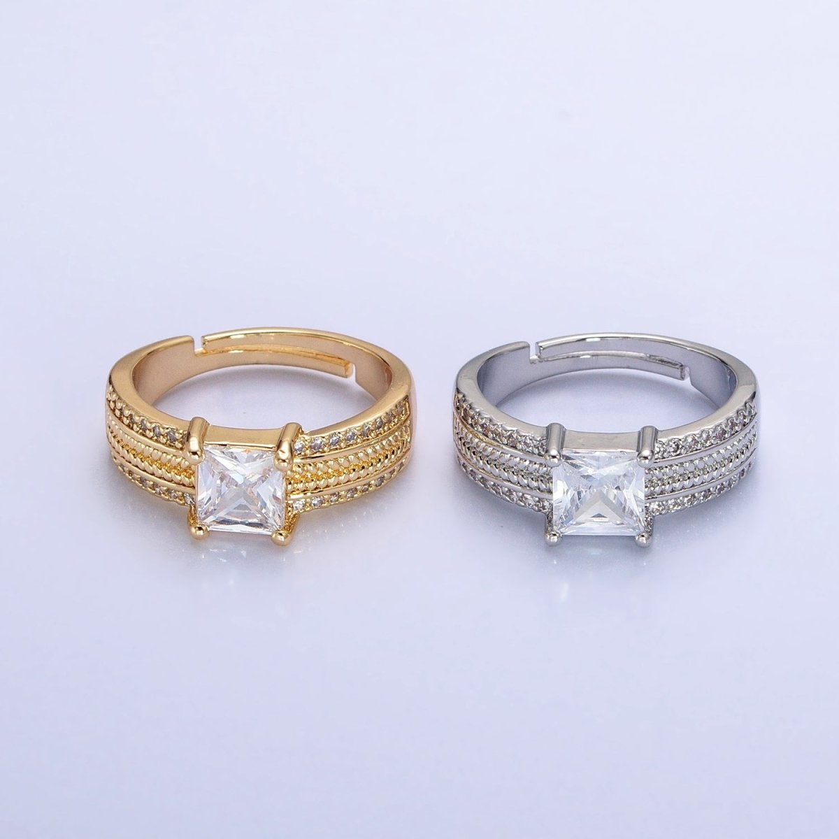 16K Gold Filled Clear Square CZ Curb Textured Band Ring in Gold & Silver  O-1918 O-1919