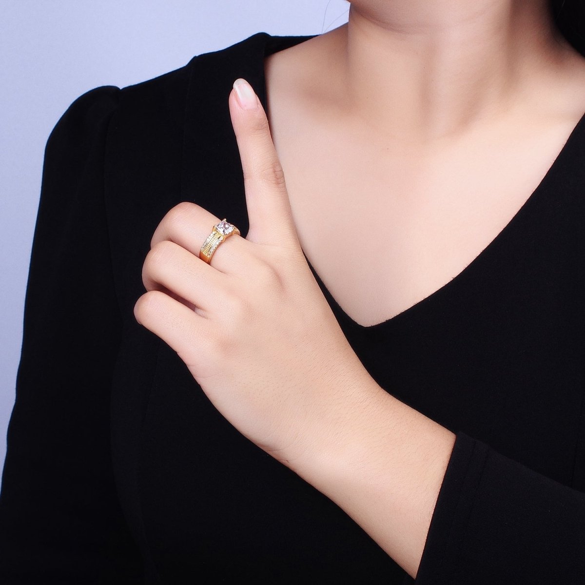 16K Gold Filled Clear Square CZ Curb Textured Band Ring in Gold & Silver  O-1918 O-1919