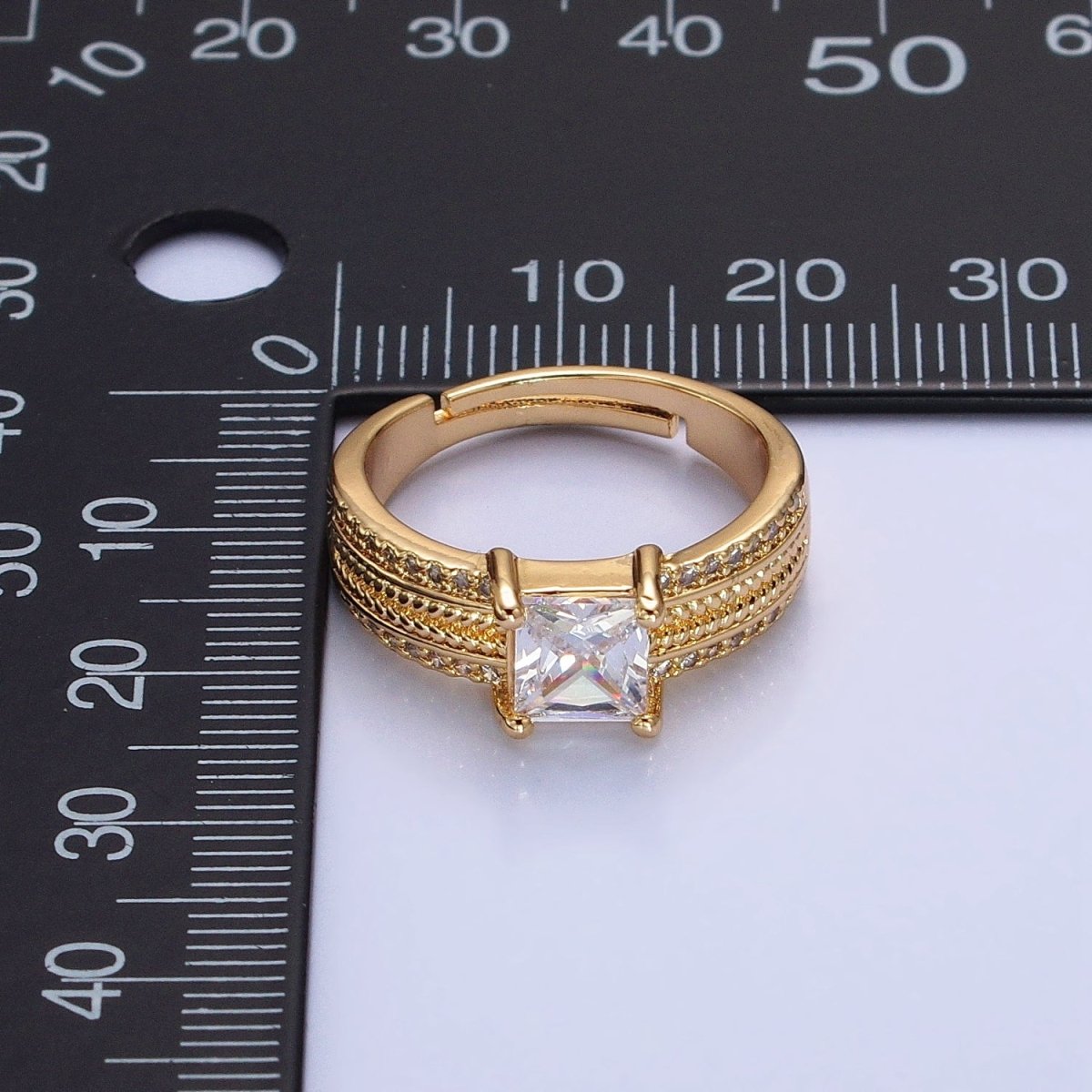 16K Gold Filled Clear Square CZ Curb Textured Band Ring in Gold & Silver  O-1918 O-1919
