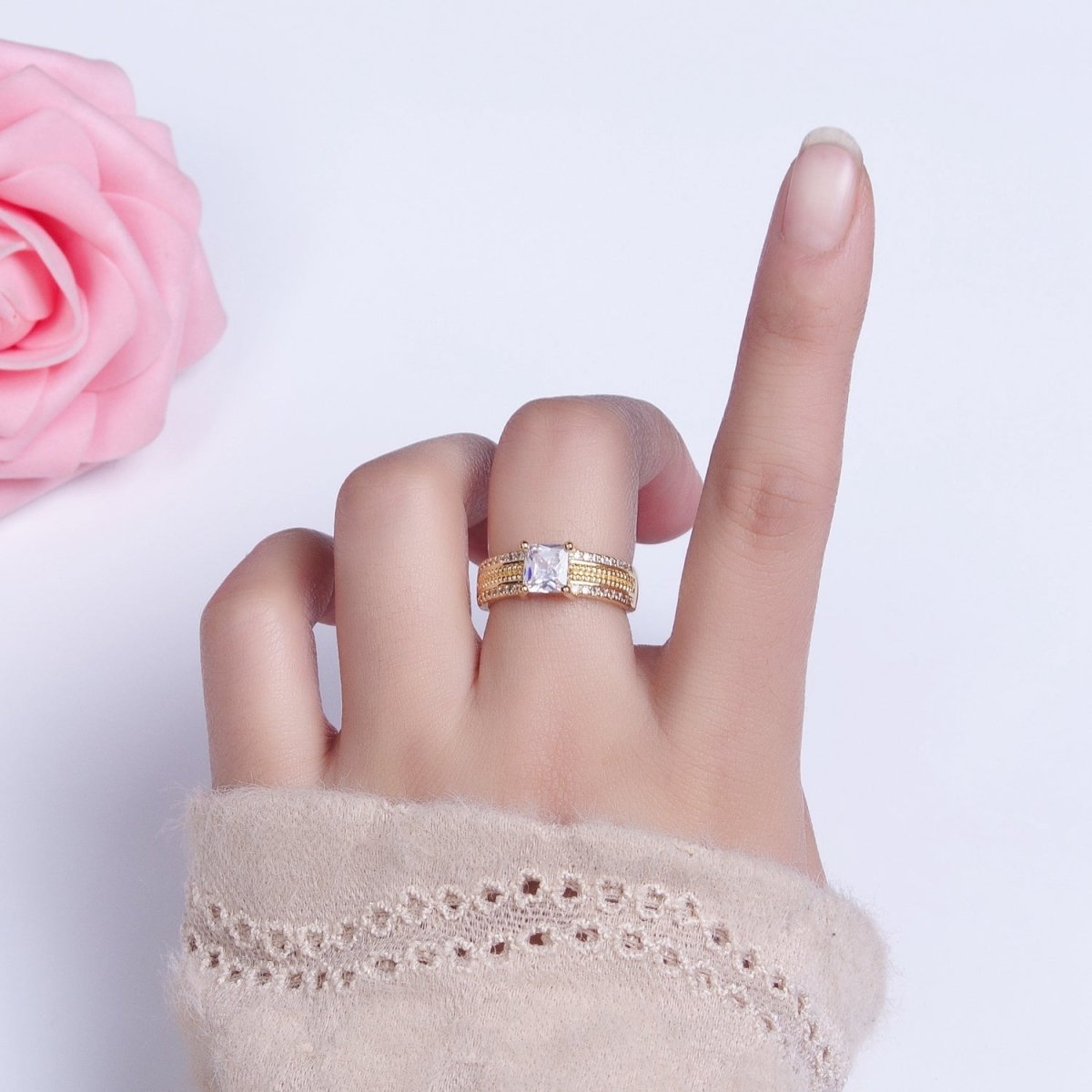 16K Gold Filled Clear Square CZ Curb Textured Band Ring in Gold & Silver  O-1918 O-1919