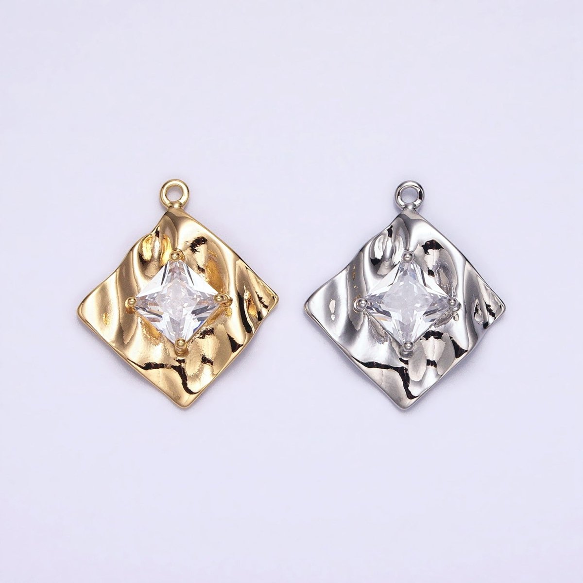 16K Gold Filled Clear Square CZ Rhombus Hammered Foil Charm in Gold & Silver | AC954 AC955