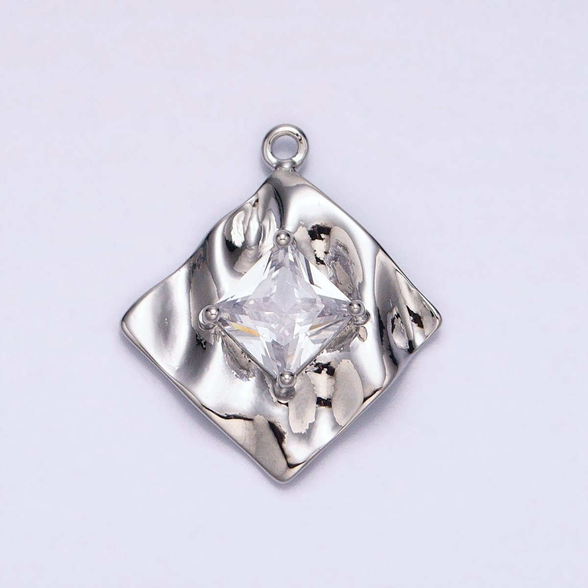 16K Gold Filled Clear Square CZ Rhombus Hammered Foil Charm in Gold & Silver | AC954 AC955