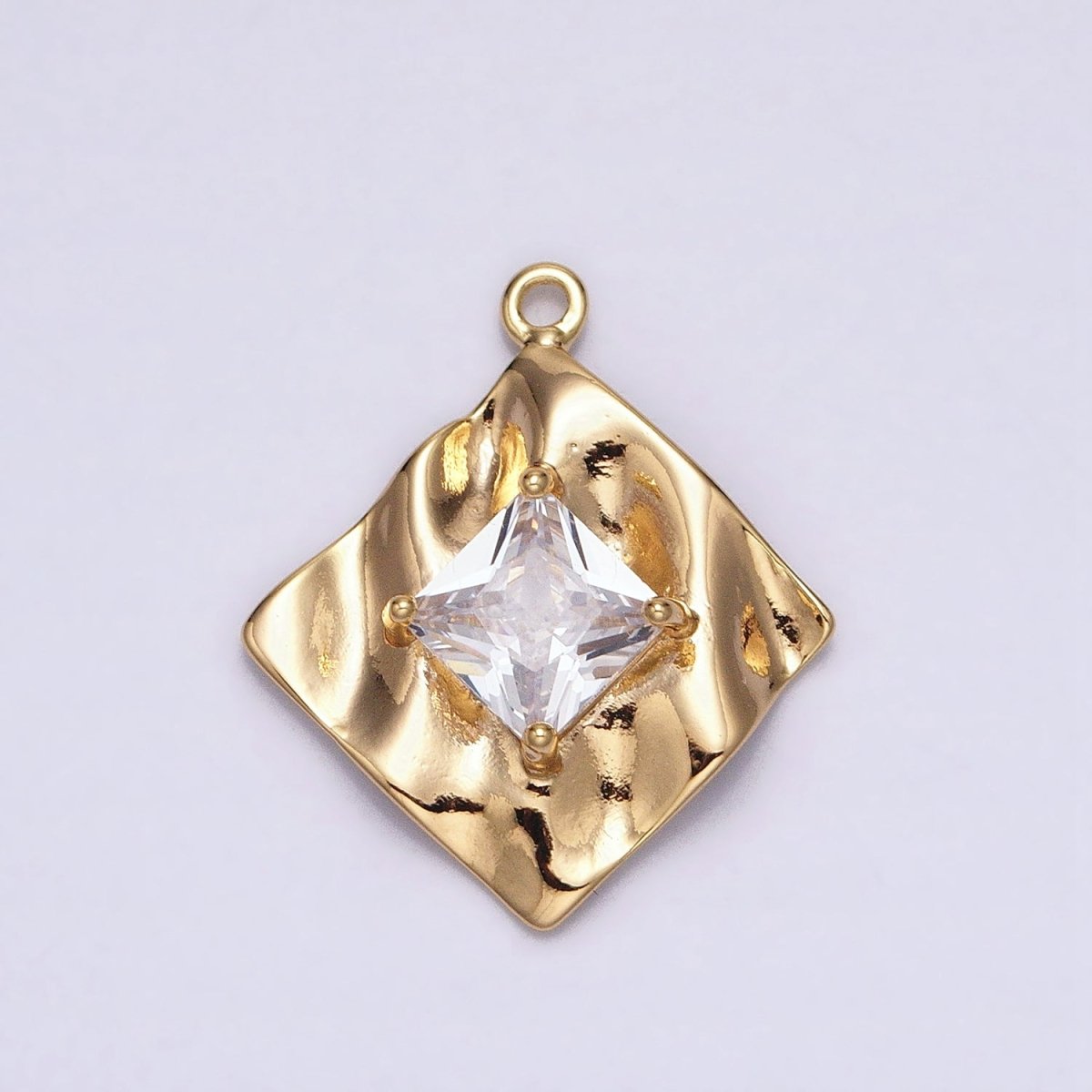 16K Gold Filled Clear Square CZ Rhombus Hammered Foil Charm in Gold & Silver | AC954 AC955