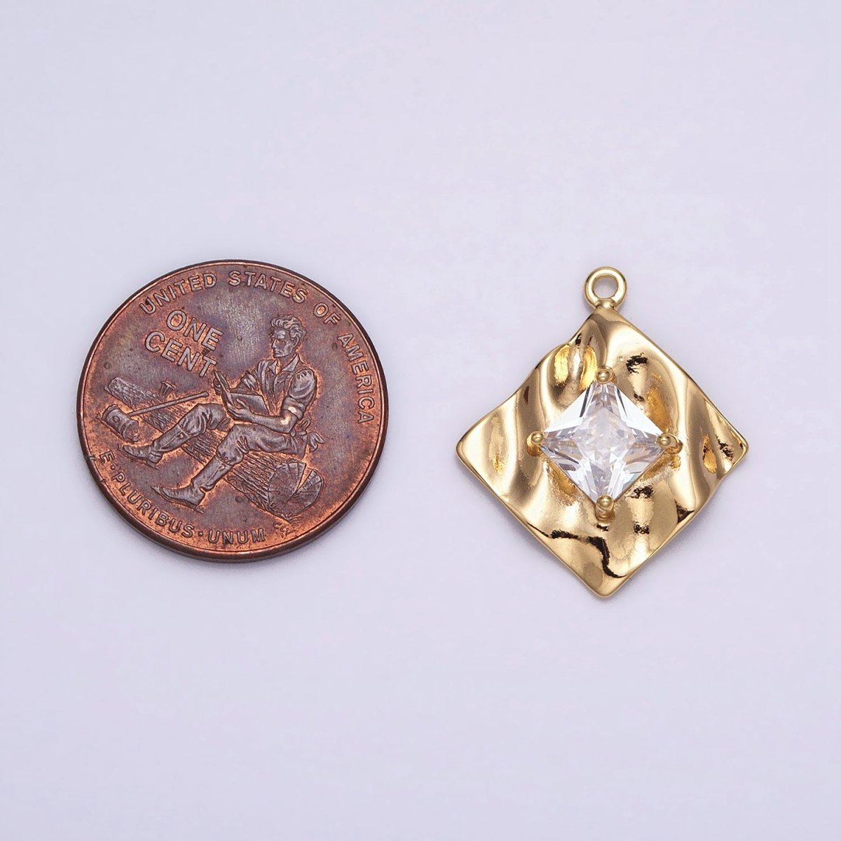 16K Gold Filled Clear Square CZ Rhombus Hammered Foil Charm in Gold & Silver | AC954 AC955