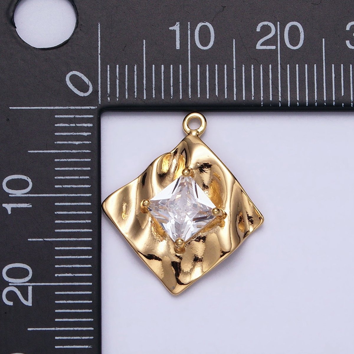 16K Gold Filled Clear Square CZ Rhombus Hammered Foil Charm in Gold & Silver | AC954 AC955