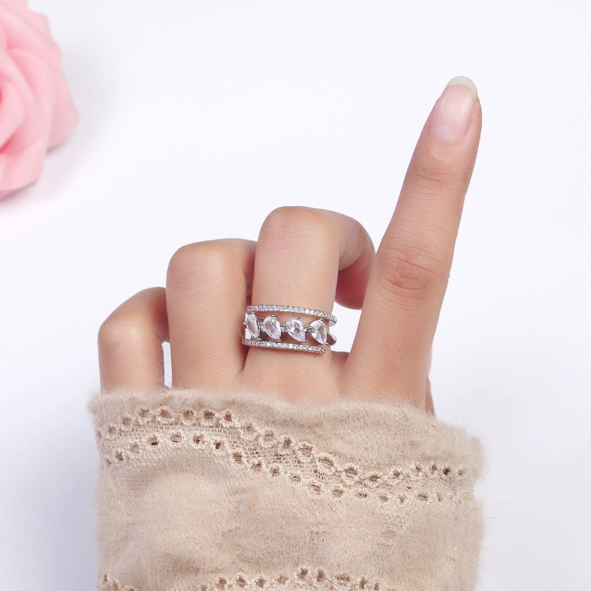 16K Gold Filled Clear Teardrop CZ Micro Paved Triple Band Ring in Gold & Silver | O-1587 O-1588