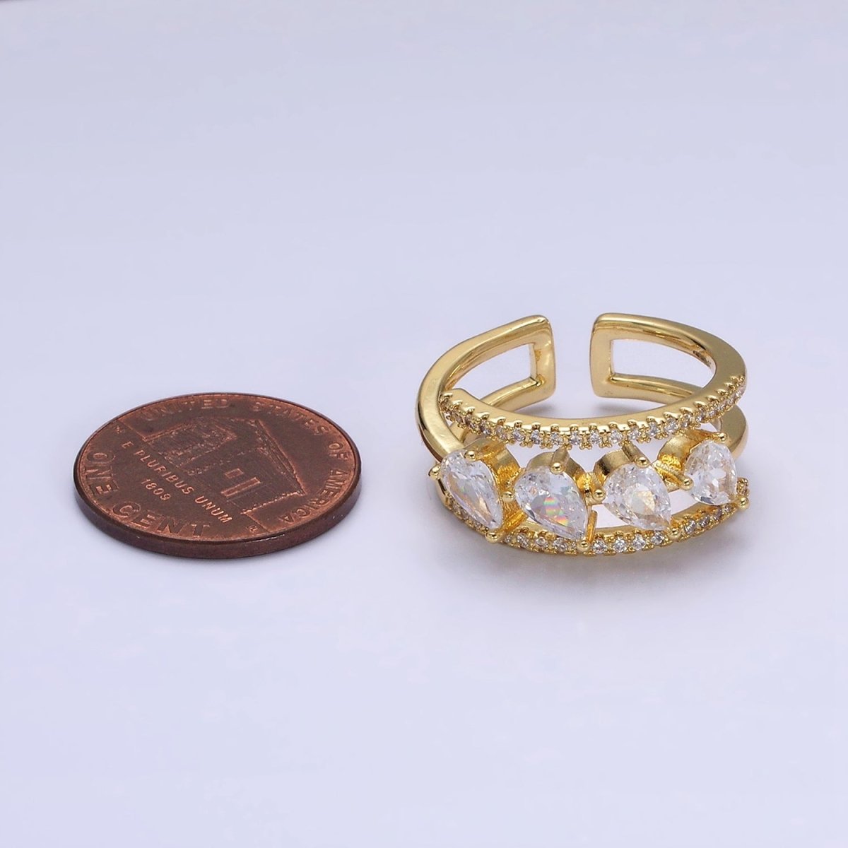 16K Gold Filled Clear Teardrop CZ Micro Paved Triple Band Ring in Gold & Silver | O-1587 O-1588